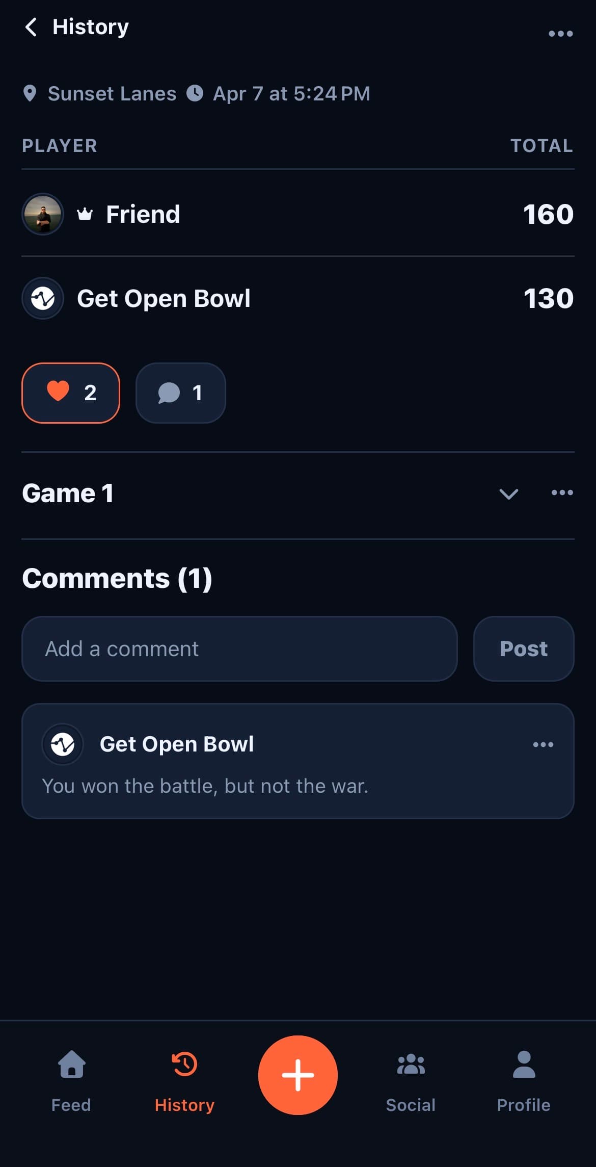 Open Bowl game recap and comments screen